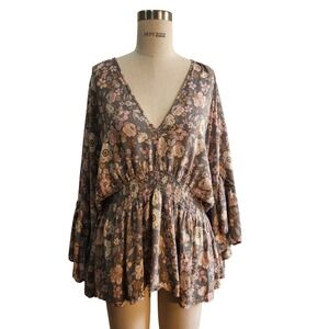 A Beautiful Soul Floral Blouse Gray Pink Boho Festival Peasant Bell Sleeve 14/16